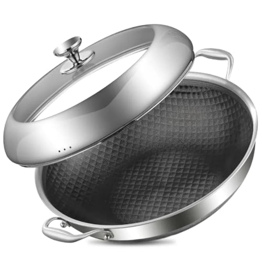 Wok Antiaderente in Acciaio Inox Tri-Ply da 14 Pollici con Coperchio, Padella Profonda 6QT per Frittura e Saltare in Padella, Adatta per Induzione, Lavabile in Lavastoviglie e Utilizzabile in Forno