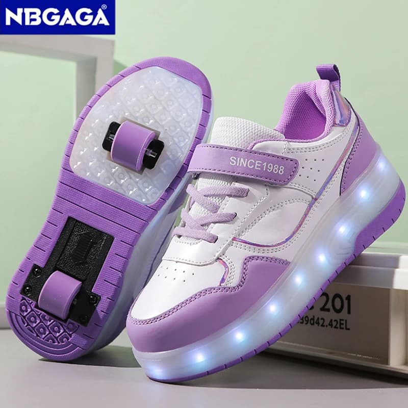 2 wheel bright gymnastics shoes for children, boys and girls, skating shoes with LED flashing, casual non-slip outdoor shoes for children