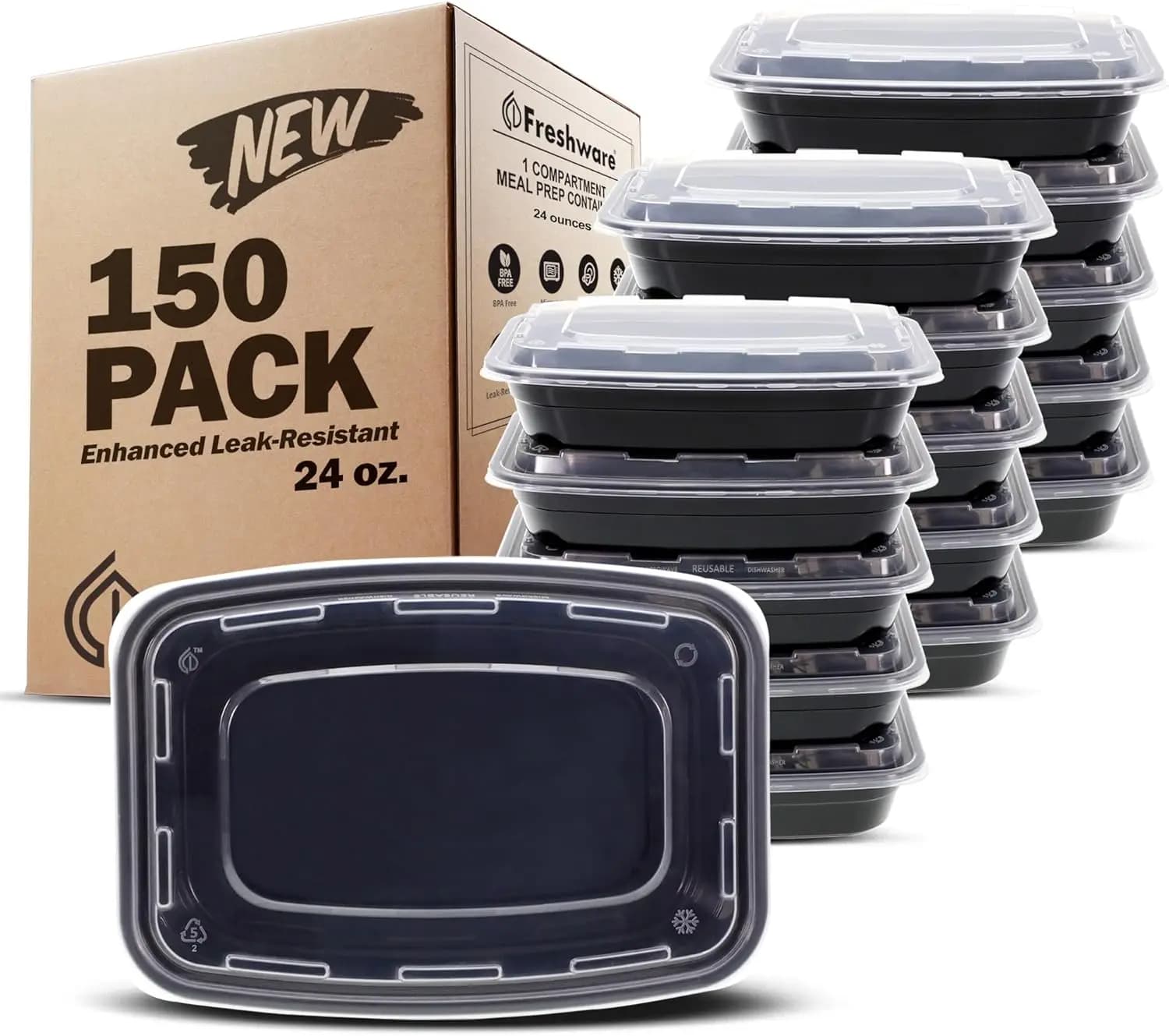 Confezione da 150 contenitori per la preparazione dei pasti con coperchi, bento box da 24 once, senza BPA, impilabili, adatti a microonde/lavastoviglie/congelatore