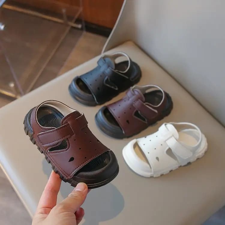 Kids Hollow Cutout Open Toe Sandals Single Wide Velcro Strap Anti-collision Toe Thick Treaded Non-slip Sole Summer Walking Shoes