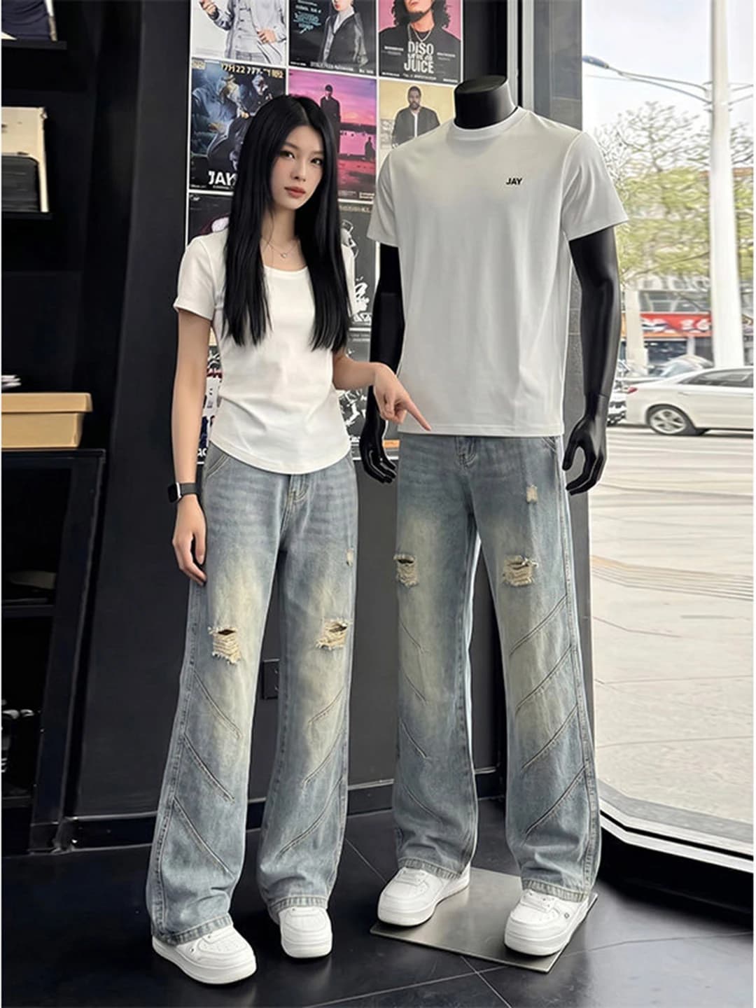 Blue Men's Jeans Cleanfit Ripped High Street Design Straight Leg Micro Flare Summer American Style Cotton Polyester Blend