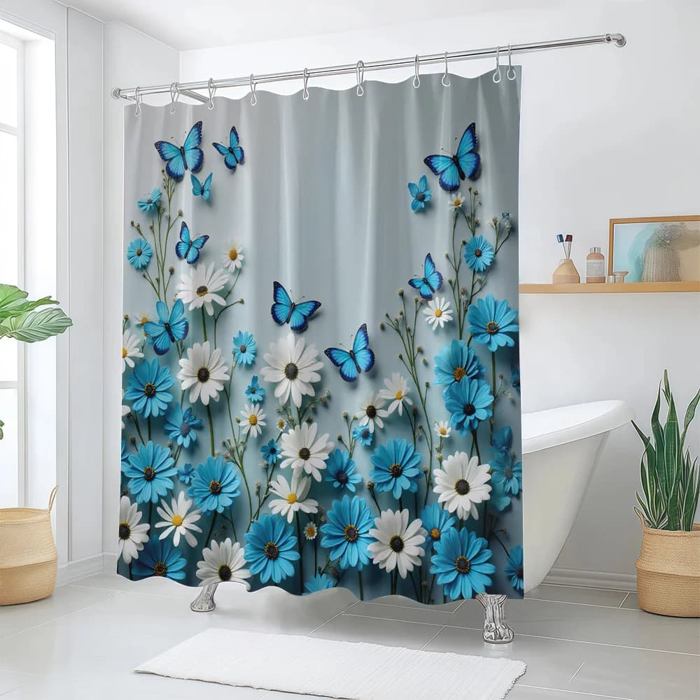 1pc of Shower Curtain with Blue and White Daisy and Butterfly Patterns, Fresh - Style Home Decor Shower Curtain, Including 12 Ho