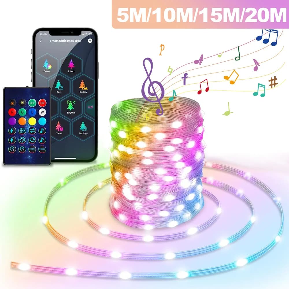 20M 200LED Luci leggiadramente Controllo APP Modalità musicale Modello fai da te Temporizzazione IP65 Luci natalizie impermeabili per la decorazione dell'albero di Natale