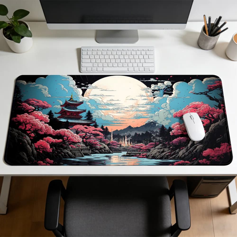Tappetino per mouse giapponese con paesaggio al chiaro di luna, tappetino per mouse da gioco in gomma antiscivolo, tastiera meccanica, tappetino per scrivania per computer, accessori da gioco per ufficio
