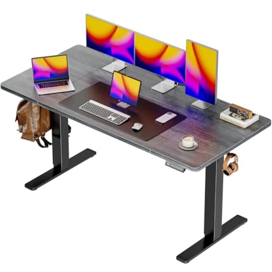 Scrivania Elettrica Regolabile in Altezza 55 x 28 Pollici, Piano di Lavoro Profondo 27,6 Pollici, Scrivania da Ufficio e Gaming con 2 Ganci