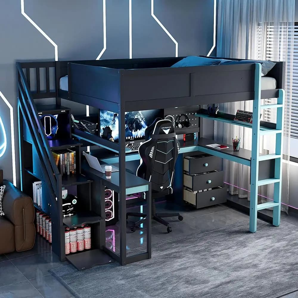 Massimizza lo Spazio con il Letto a Soppalco per Gaming, con Scrivania Integrata, Scaffali e Pannello Forato per Bambini e Ragazzi - Nero e Blu