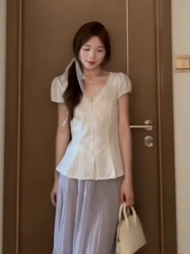 Nuova Camicia Estiva da Donna con Scollo a V e Pizzo, Maniche Corte, Vita Annodata, Top Bianco Snellente Stile Coreano per il Lavoro e il Tempo Libero