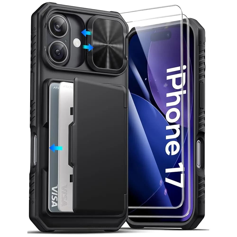 Custodia a Portafoglio per iPhone 17 con Protezione Schermo in Vetro Temperato HD [2 Pezzi], Porta Carte e Copri Fotocamera Scorrevole, Grado Militare