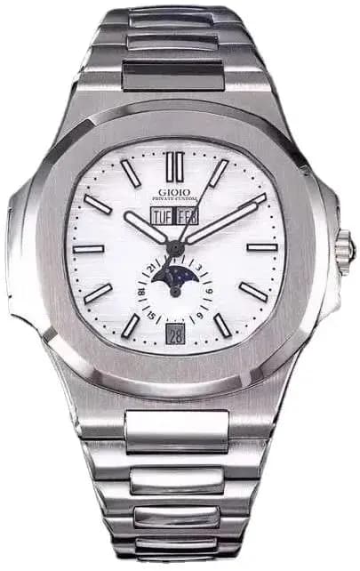 nuovo orologio da uomo meccanico automatico di lusso, bracciale in acciaio inossidabile, fasi lunari, quadrante blu bianco, datario, fondello in vetro