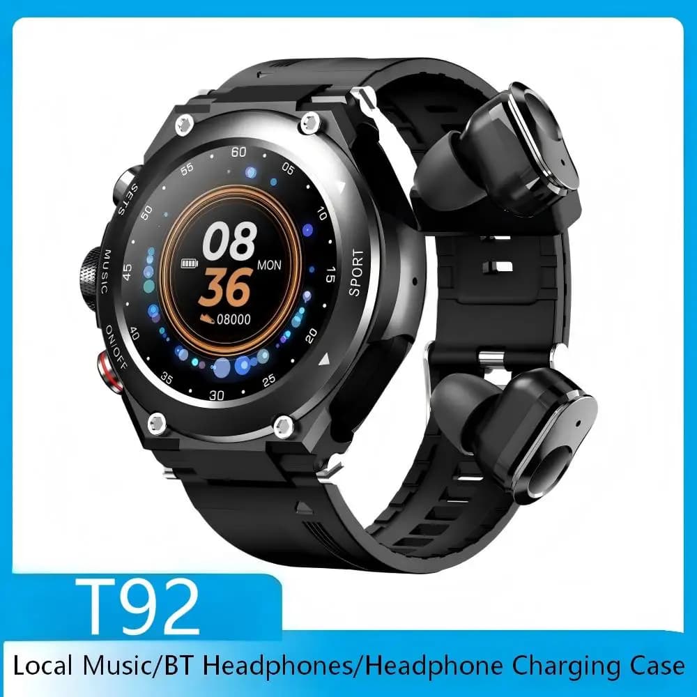 Smartwatch 2 in 1 and TWS headphones with local music recording, BT calls, headphone charging case, voice assistant, music watch, T92 Smart Watch