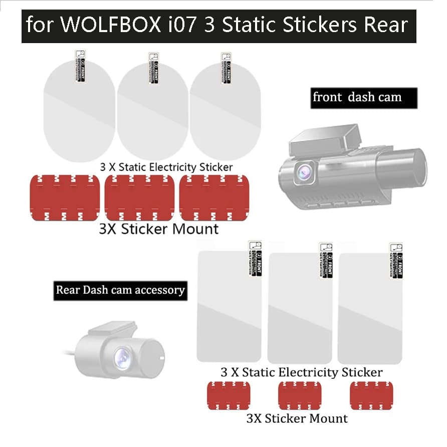 Wall decal static for dash cam to 3 channels WOLFBOX i07, adhesive for dash cam rear WOLFBOX i07, 3 pieces