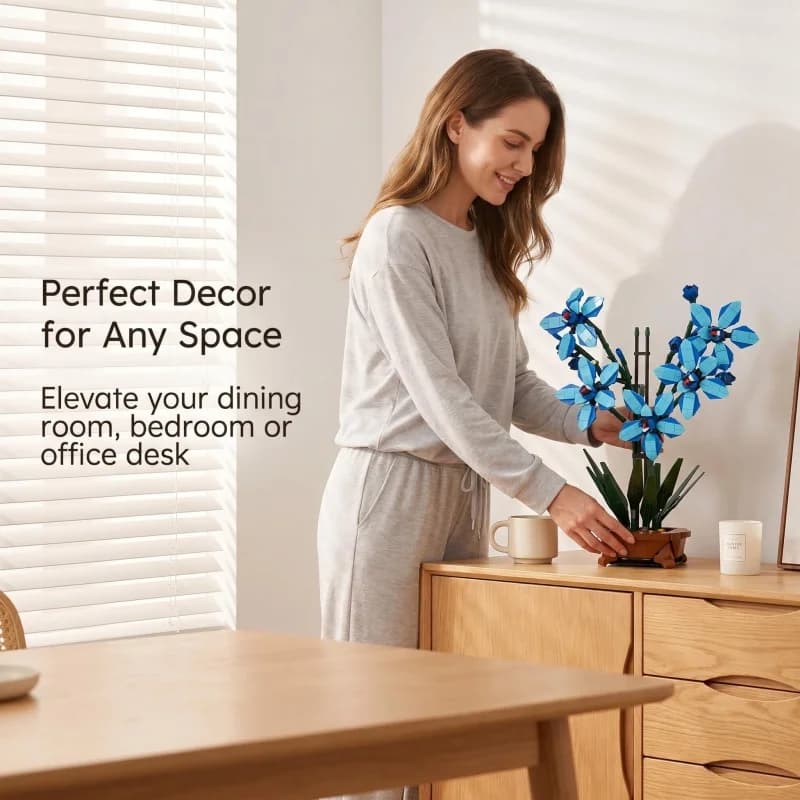 Set di blocchi da costruzione a forma di orchidea blu artificiale, con modello di pianta in vaso della serie Vaso, giocattolo da costruzione per adulti, decorazione creativa per la casa