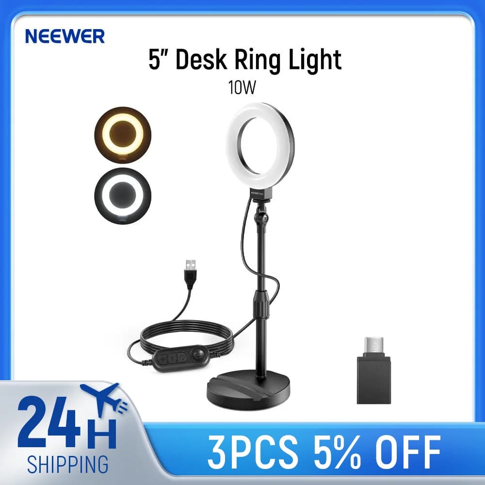 NEEWER Basics 5" table light ring with support, telephone base, 10 W LED selfie light compatible with iPhone for video recording