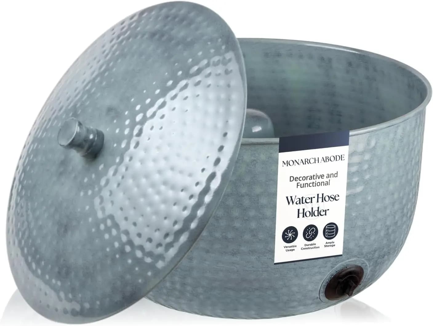 Supporto decorativo per tubo da giardino con coperchio, patina per uso esterno, vaso per tubo dell'acqua da 100 piedi, metallo martellato a mano con drenaggio