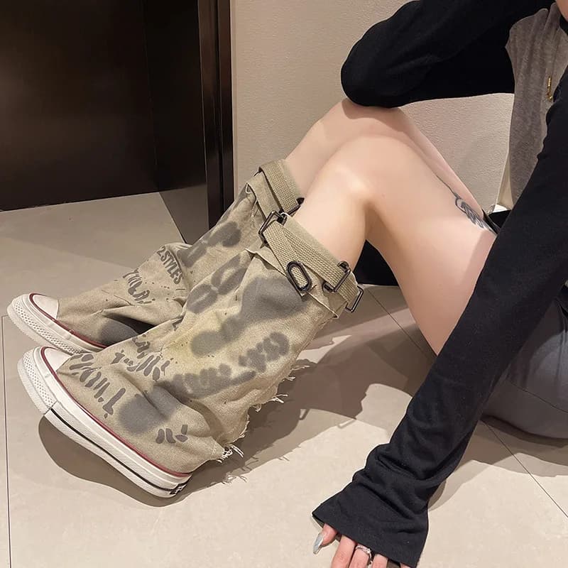 High Canvas Shoes Women's High Boots Medium Candle Large Boots 2025 New Canvas Stackable Boots