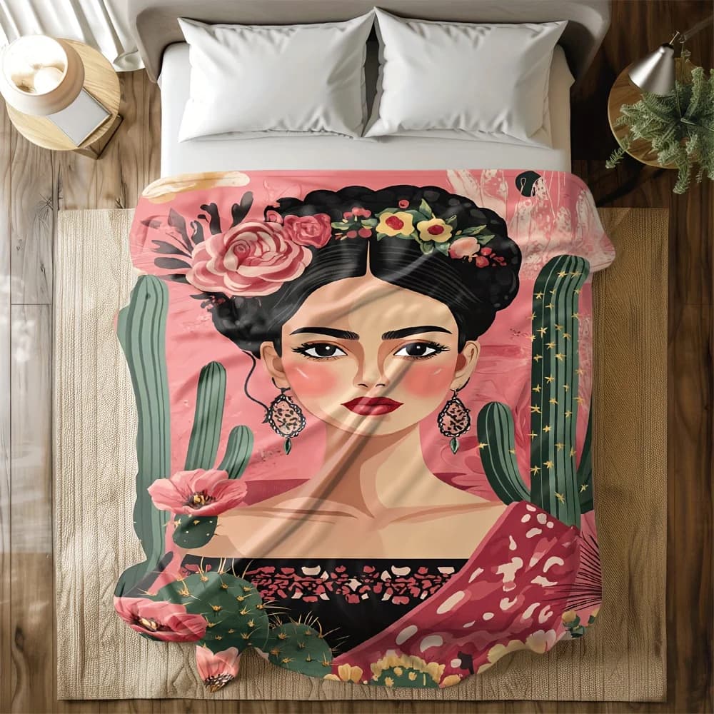 Bellissima donna messicana con coperta in flanella con fiori, morbida per viaggi, campeggio, soggiorno, ufficio, divano