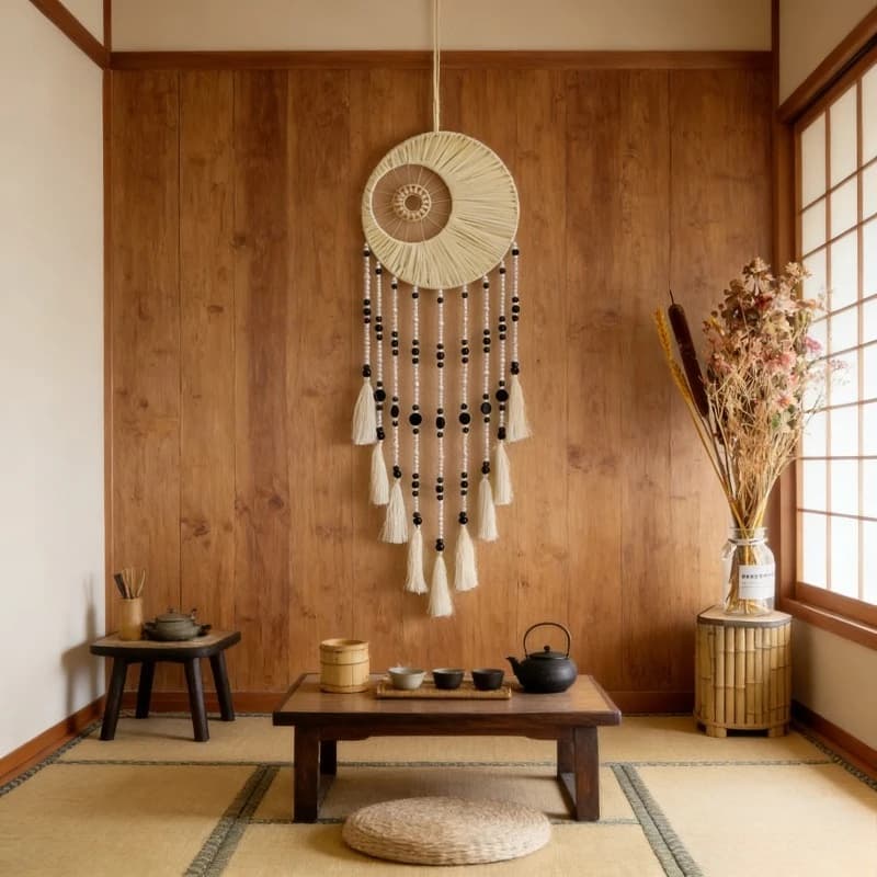 1pcs Hollow Double Ring Woven Tassel Dream Catcher Wooden Bead Decor Wall Hanging Ornament