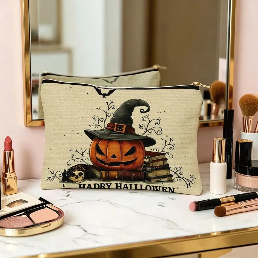 Halloween Pumpkin Witch Hat Print Cosmetic Bag Zipper Makeup Pouch Portable Travel Toiletry Storage Holiday Gift for Women
