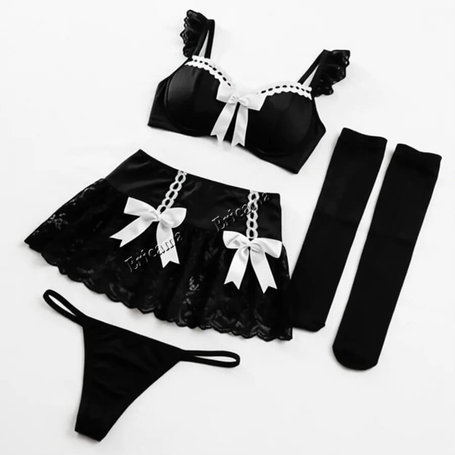 Lingerie sexy nera da donna, intimo erotico, set reggiseno sexy e mini abito uniforme, lingerie erotica, costumi babydoll.