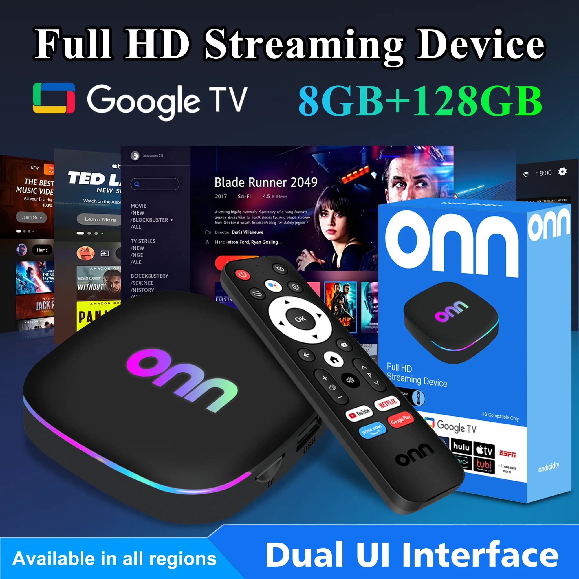 ONN Budget Android Streaming Box 8GB RAM 128GB Flash WiFi6 2.4G/5G BT5.4 4K HDMI2.0 Voice Remote Home Theater TV Box