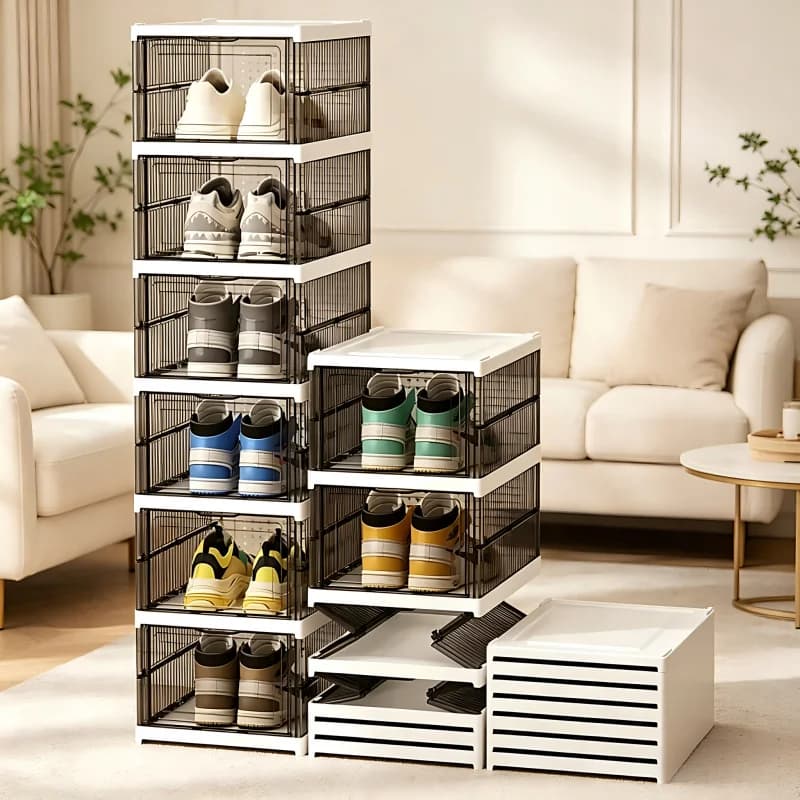 Scatola per Scarpe Pieghevole a 6 Strati, Organizzatore in Plastica Spessa Impilabile, Trasparente e Grigio in 2 Colori per Sneakers