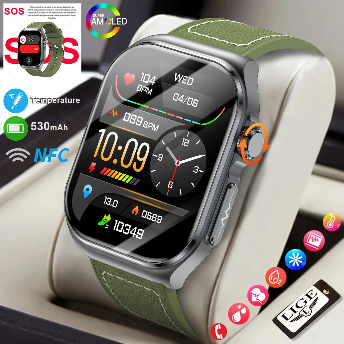 LIGE AMOLED Smart Watch ET585 Men ECG Blood Compositoin Health Monitoring Bluetooth Call Women Sports Fitness Tracker Smartwatch