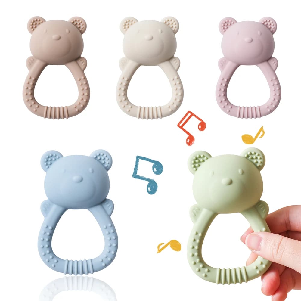 Massaggiagengive in silicone per bambini Orso Campana a mano Massaggiagengive per uso alimentare Giocattoli Sonaglio per bambini 0-12 mesi Giocattoli sensoriali in silicone Giocattolo per la dentizione in silicone