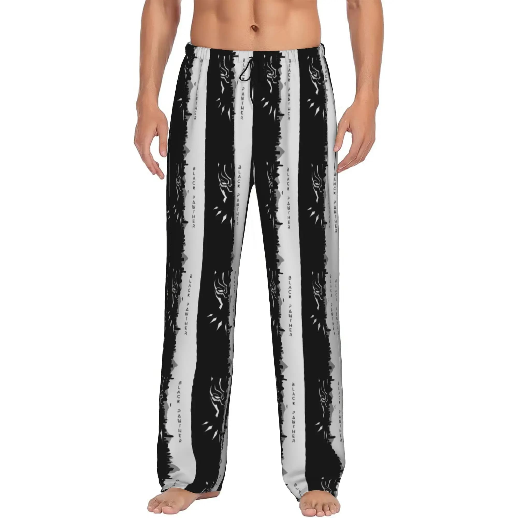 Pantaloni del Pigiama Personalizzati Neri con Motivo Pantera Anime, Pantaloni da Notte con Coulisse e Tasche per Uomo