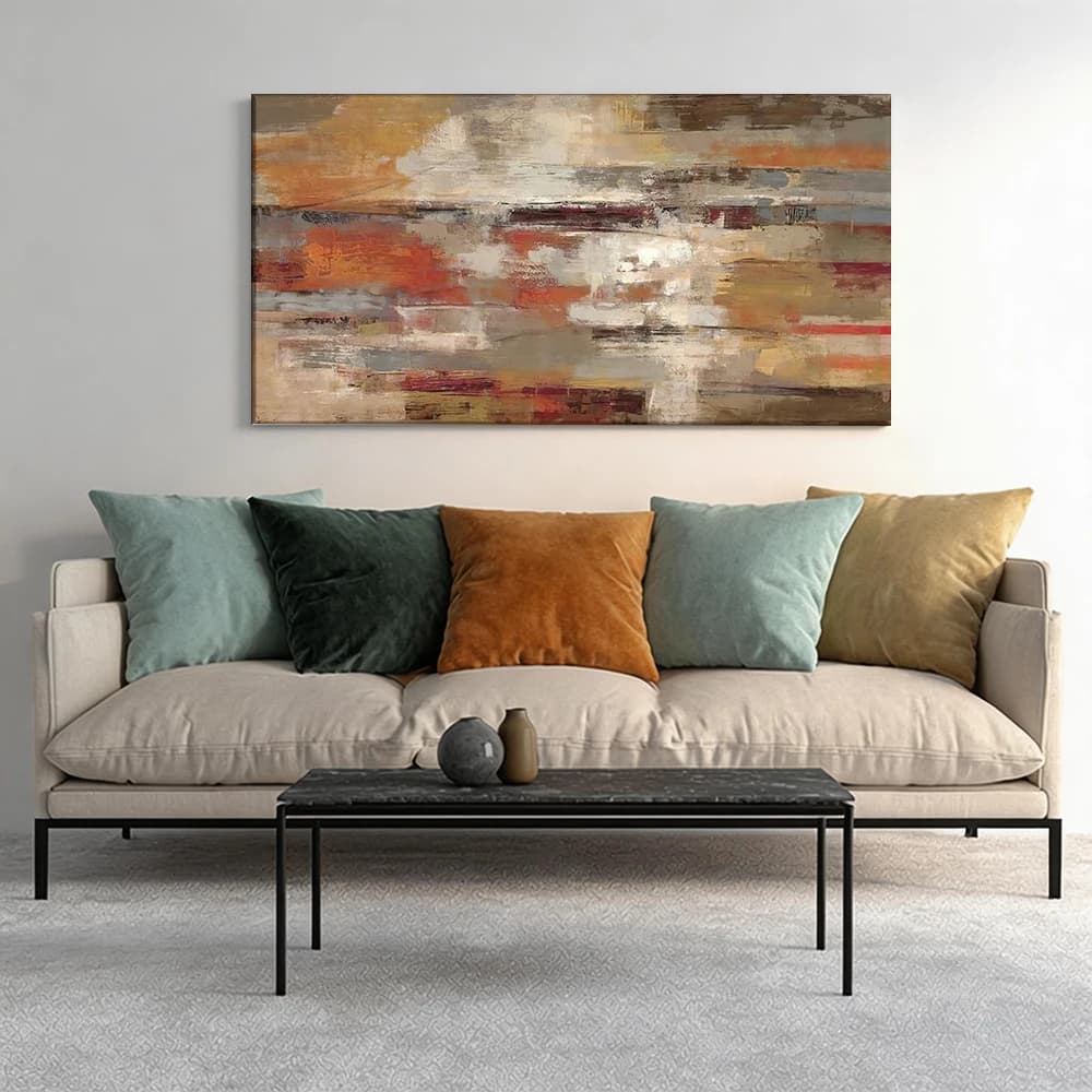 Painted on canvas with large wooden frame, 1 piece, oil painting, warm neutral tones.