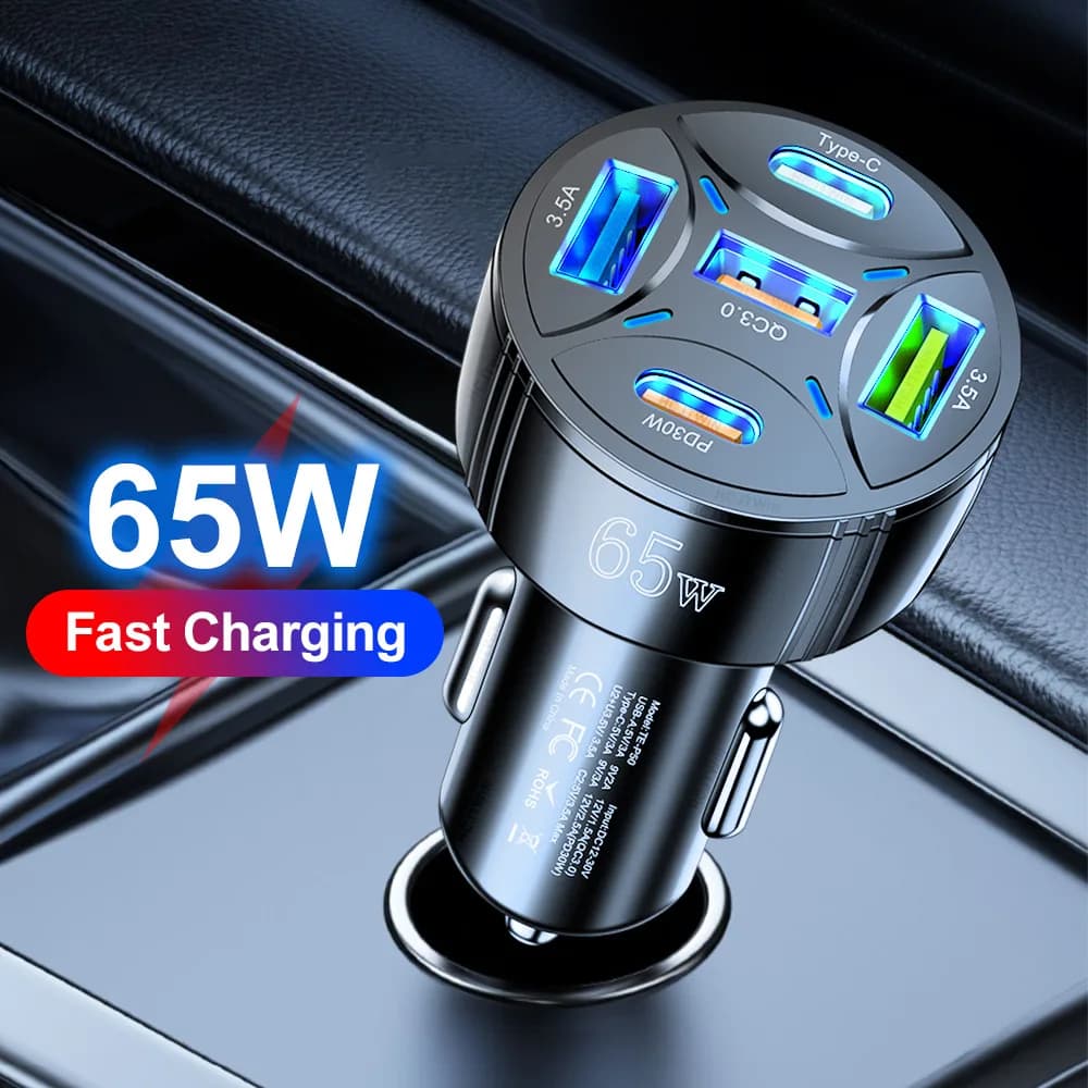 Charger from Auto 65W to 5 Doors Quick Charging 3USB+PD Type-C Adapter QC 3.0 Universal for iPhone 17 16 15 Pro MAX and Samsung