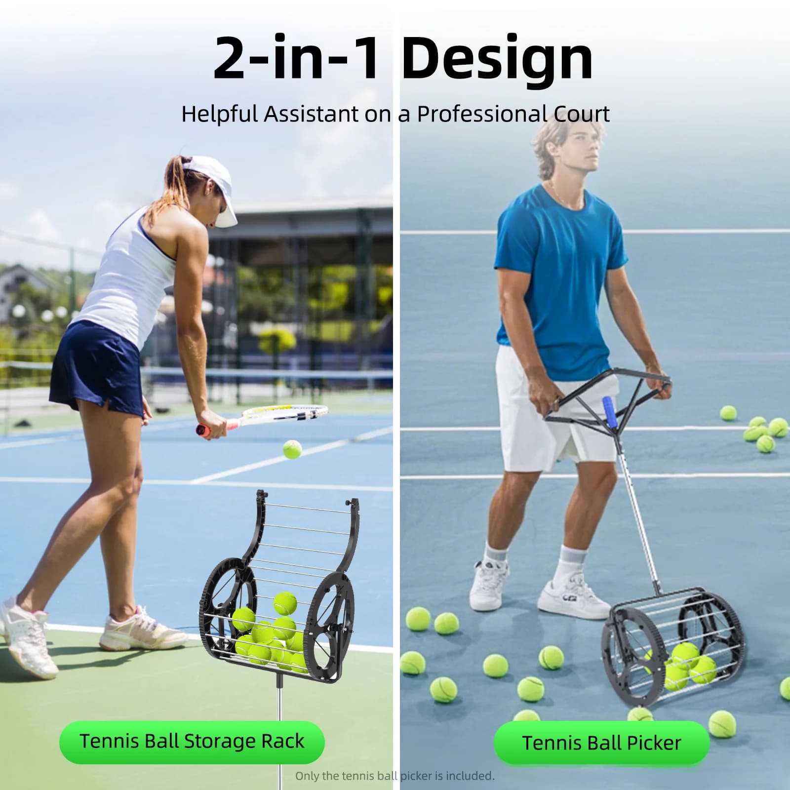 Raccoglitore di Palline da Tennis in Acciaio Inox, Cesto a Rullo Regolabile a 5 Altezze, Raccolta Rapida e Senza Sforzo per Allenatori, Club e Giocatori