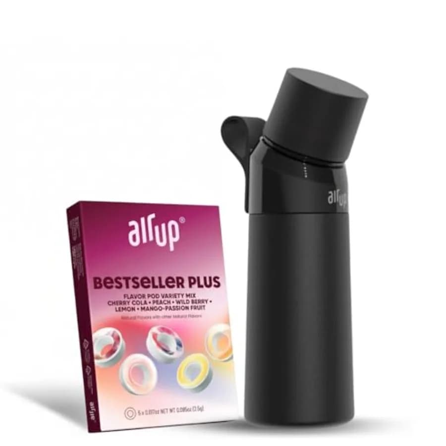 ® Bottiglia d'acqua da 16oz in acciaio nero + 5 capsule aromatizzate Flavor Fiesta senza zucchero e bottiglie d'acqua con cannuccia, bottiglia d'acqua aromatizzata