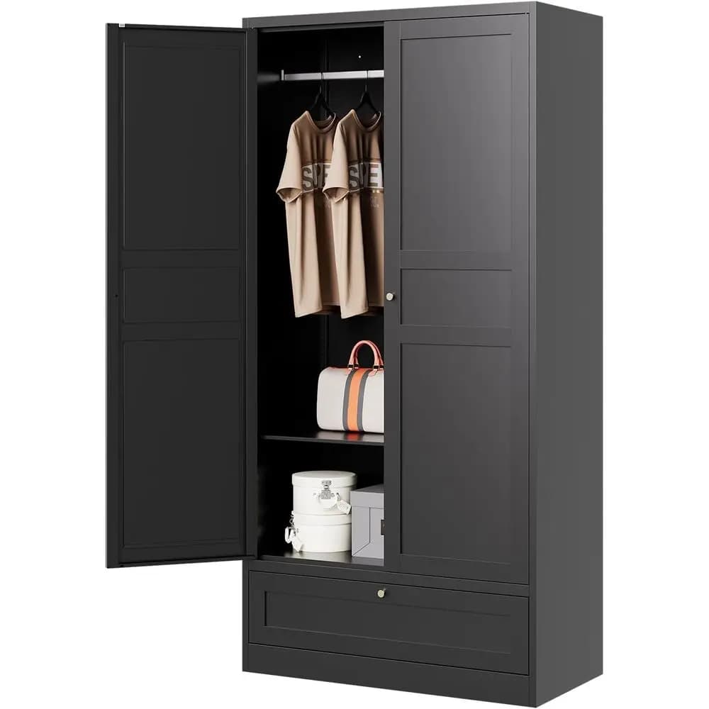 Armadio Metallico per Abbigliamento da 72 Pollici con Cassetto Portaoggetti, Ripiani Regolabili e Asta Appendiabiti, Organizzatore per Vestiti (Nero)