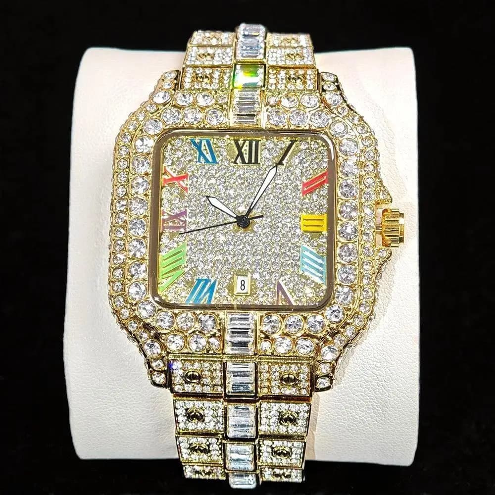 UNIGUET Quartz watch with luxury diamonds for men Rainbow dial Hip Hop Calendar Frozen gold wristwatch men's fashion accessory 2025