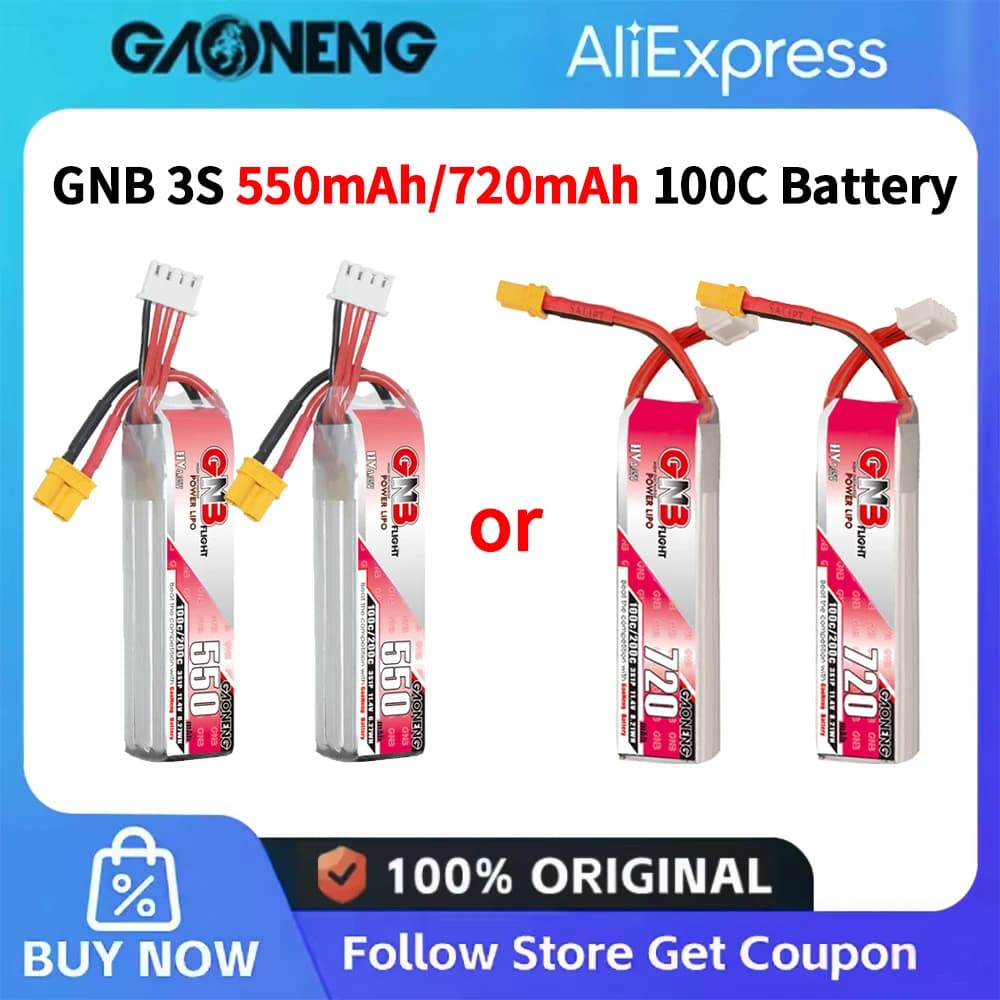 Batteria Lipo GNB 3S 11.4V 550mAh 720mAh 100C/200C con Connettore XT30 per Droni Beta75X RCFPV, Elicotteri, Quadricotteri e Aeroplani