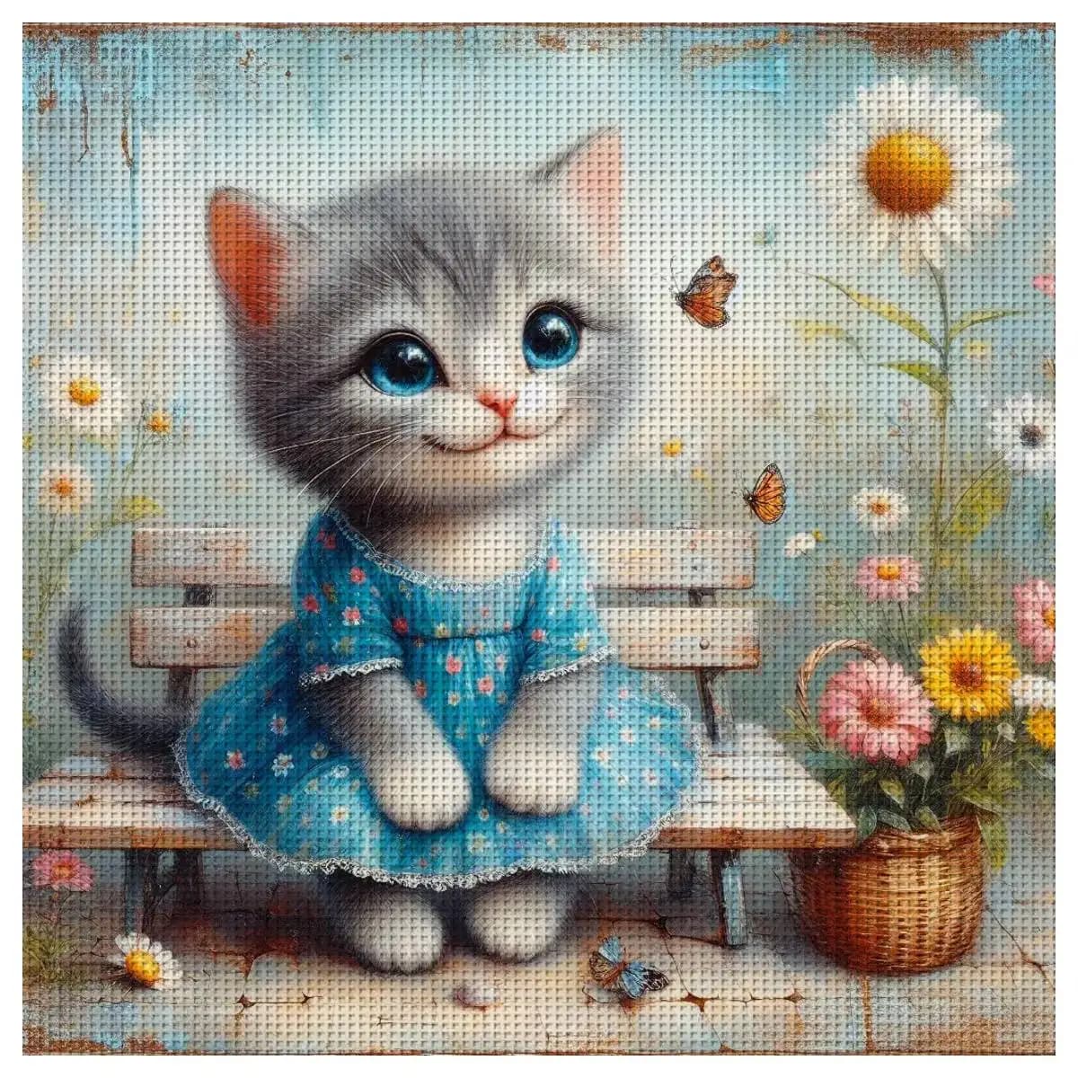 1pc 40X40CM/15.74inch Cat Stamped Cross Stitch Kit DIY Kit 11CT/14CT DIY Embroidered Set DIY Cross-Stitch Set Full Embroidery