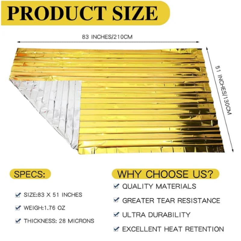 130×210cm Gold Silver Reflective Foil Rescue Blanket Waterproof Heat Retain Military Thermal Wrap Multi-Scene Accessory for Outd