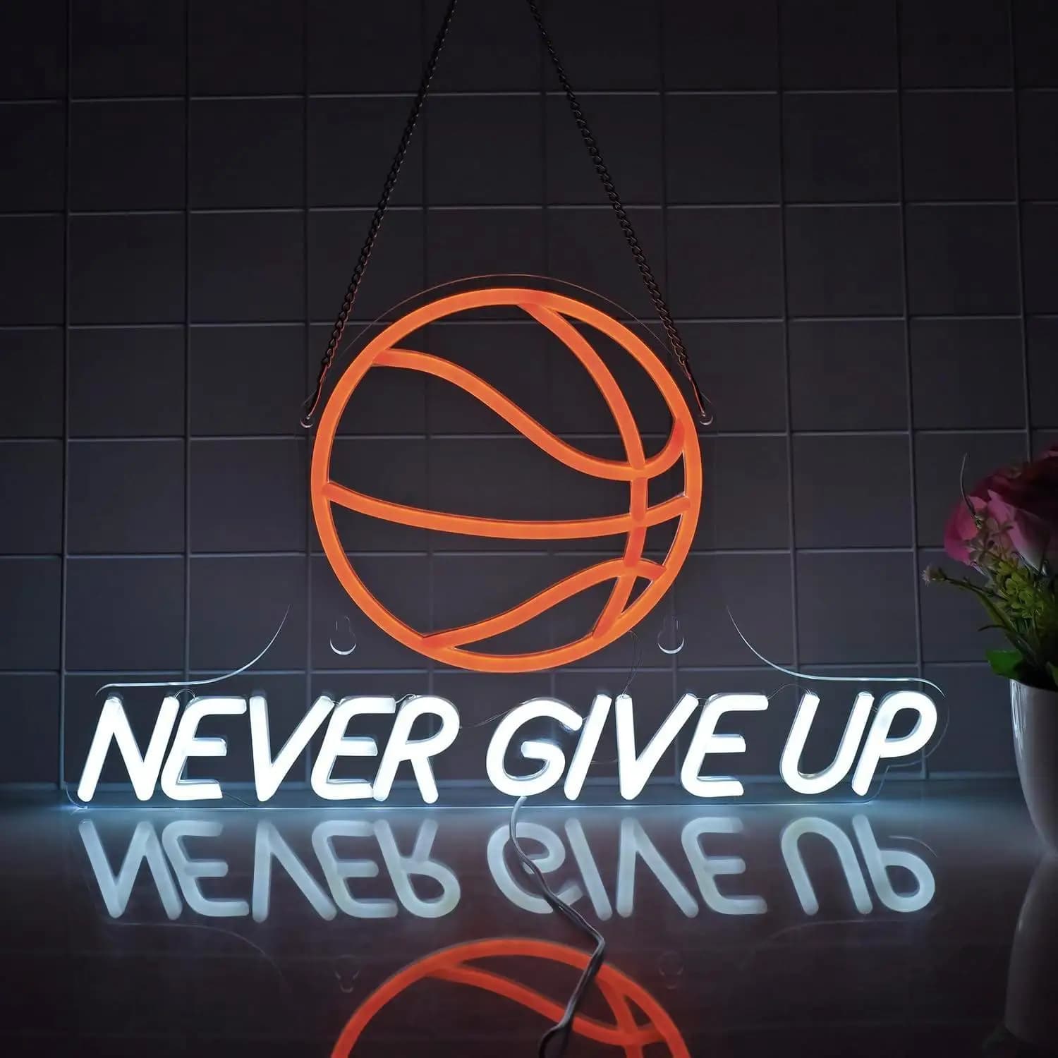 Designs at Neon 'Never Give Up' for Basket, Dimmable LED Neon Light for Bedroom, Room, ManCave, Bar, Wall Decoration, Special Gifts