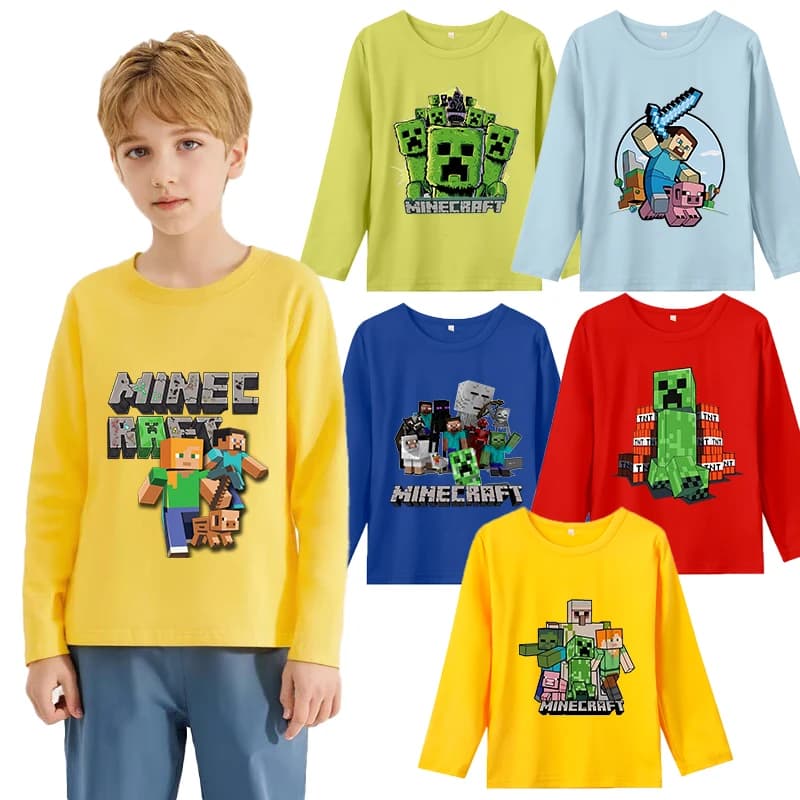 Maglietta a maniche lunghe Minecrafted per ragazzo e ragazza, abbigliamento alla moda per compleanno, per bambini, in cotone, stile anime, costume da festa, regalo di Natale