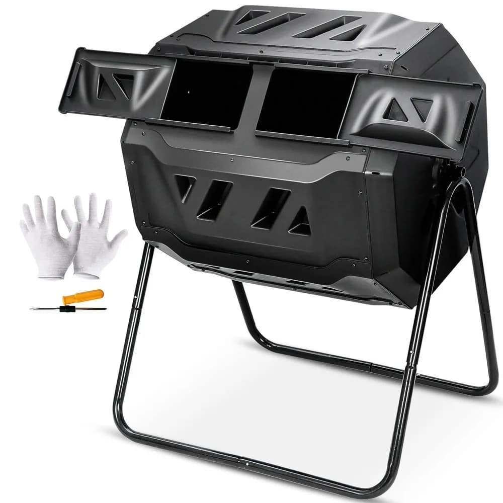 Composter Rotante da 43 Galloni, Bidone per Compostaggio a Doppia Camera Senza BPA, Contenitore per Rifiuti da Giardino, Personalizzabile