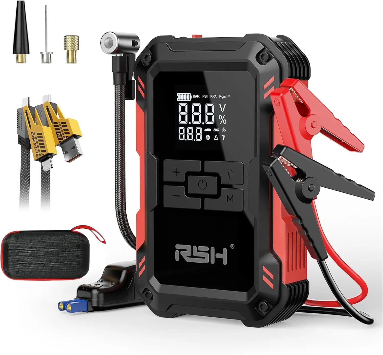 Avviatore di emergenza per auto 4000 A con compressore d'aria, 12 V 150 PSI, 15000 mAh, caricatore rapido USB-C e 65 W, luce LED
