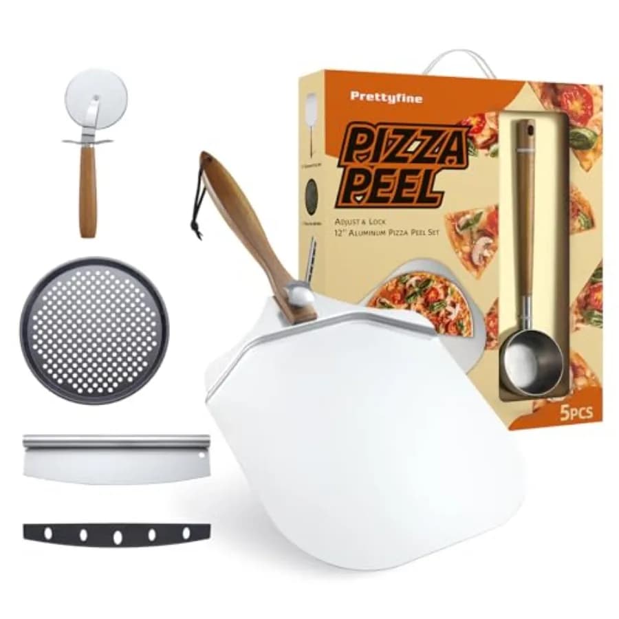 Set di 5 Utensili per Pizza in Alluminio: Spatola Metallica con Manico Pieghevole in Legno, Cucchiaio per Salse e Tagliapizza a Rotella, Perfetto per la Cottura