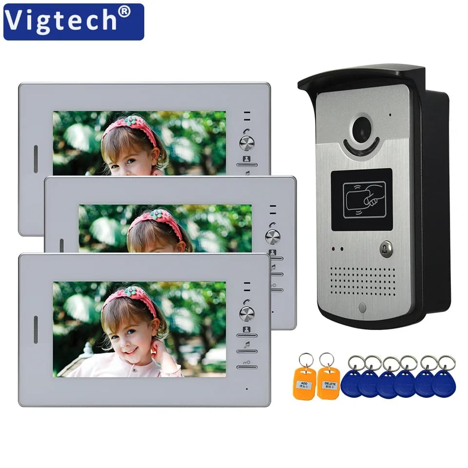 Vigtech 7"Wired Color Video Home Intercom MultiI Monitor Intercom Doorphone System RFID CardReader IR Night Vision Waterproof