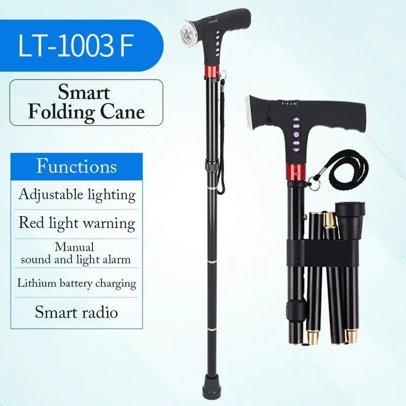 Smart walking stick with adjustable folding barrel with led light Radio and alarm Trekking poles with multifunctional non-slip T handle