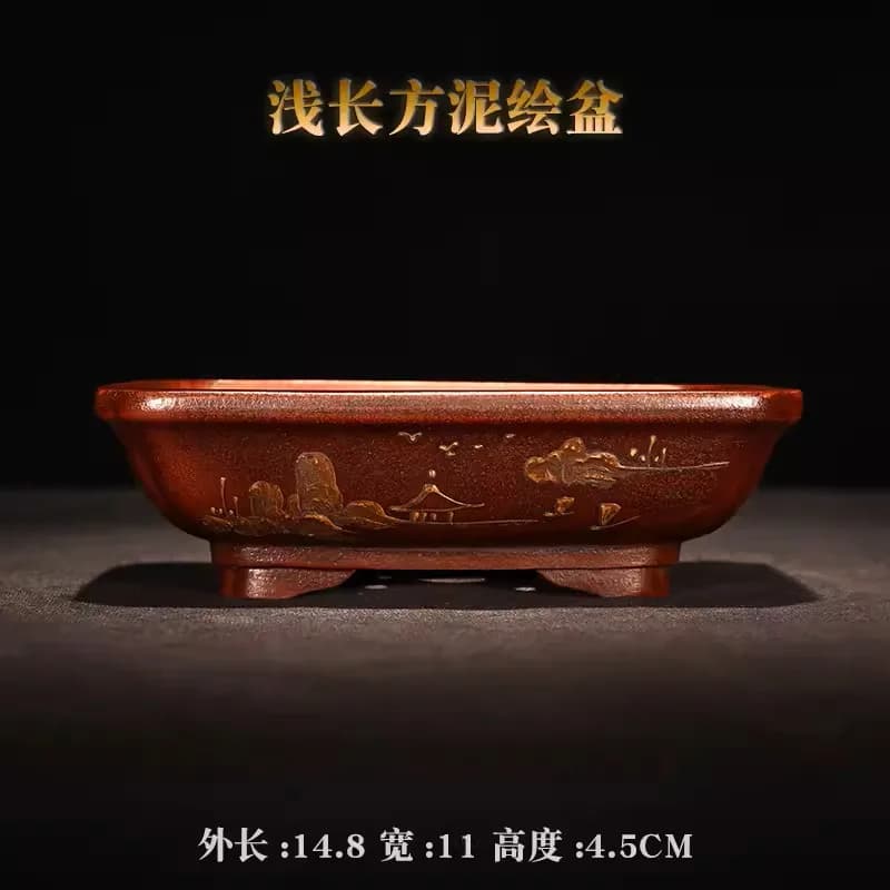 Purple Sand Round Rectangle Plate Bonsai Pot,Small Vase,Tradition Chinese Handmade Painting,Home Table Garden Decoration