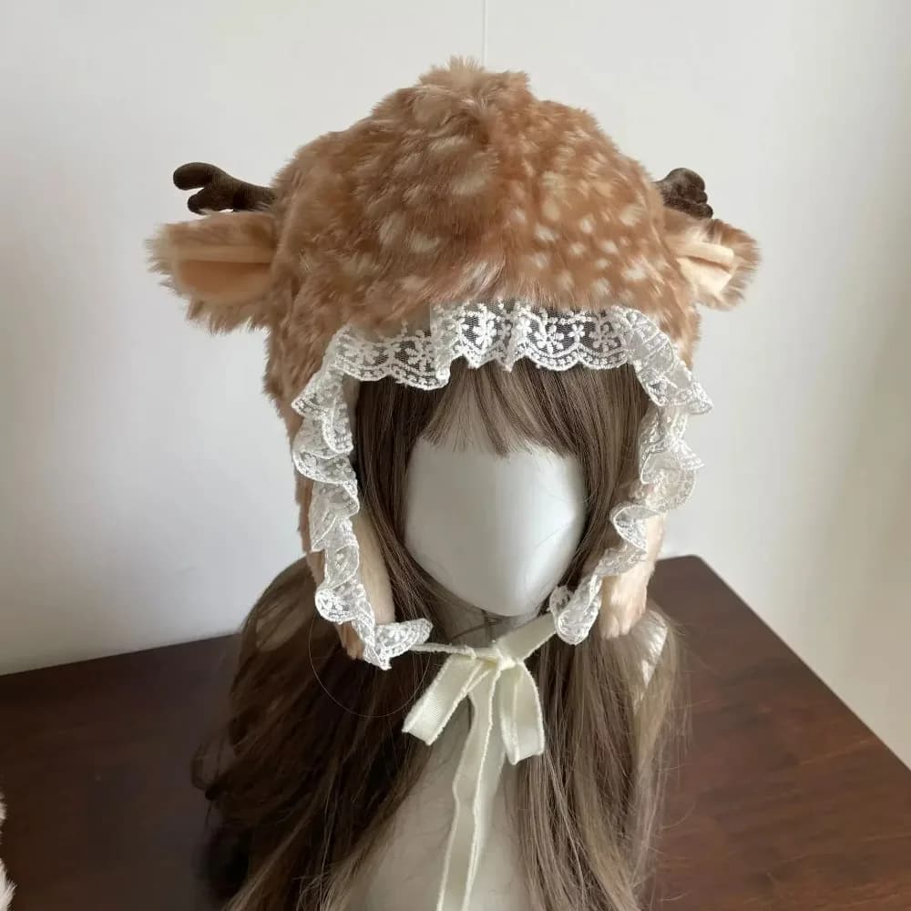 New Kawaii Lace Winter Hat Faux Fur Plush Reindeer Furry Boots Socks Cover Gothic Cap Leg Warmers Performance Costume Bomber Hat