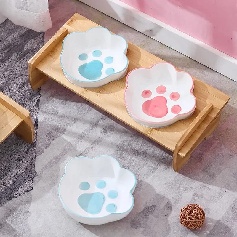 Dog Cat Pets Double Bowl Food Water Feeder Stand Raised Ceramic Dish Bowl Wooden Table Paw Shape Dog Feeder Pet Supplies