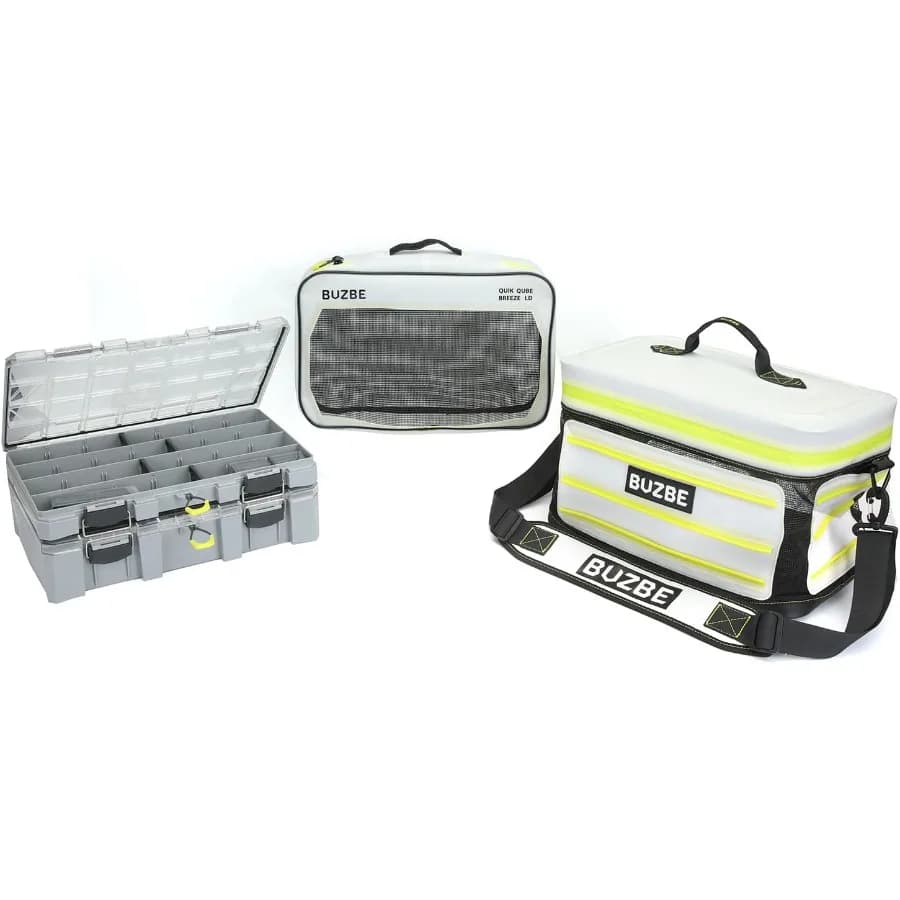BUZBE Swarm Breeze 28 Drawstring modular equipment bag with base boxes and Quik Qube Breeze for fishing enthusiasts looking for light