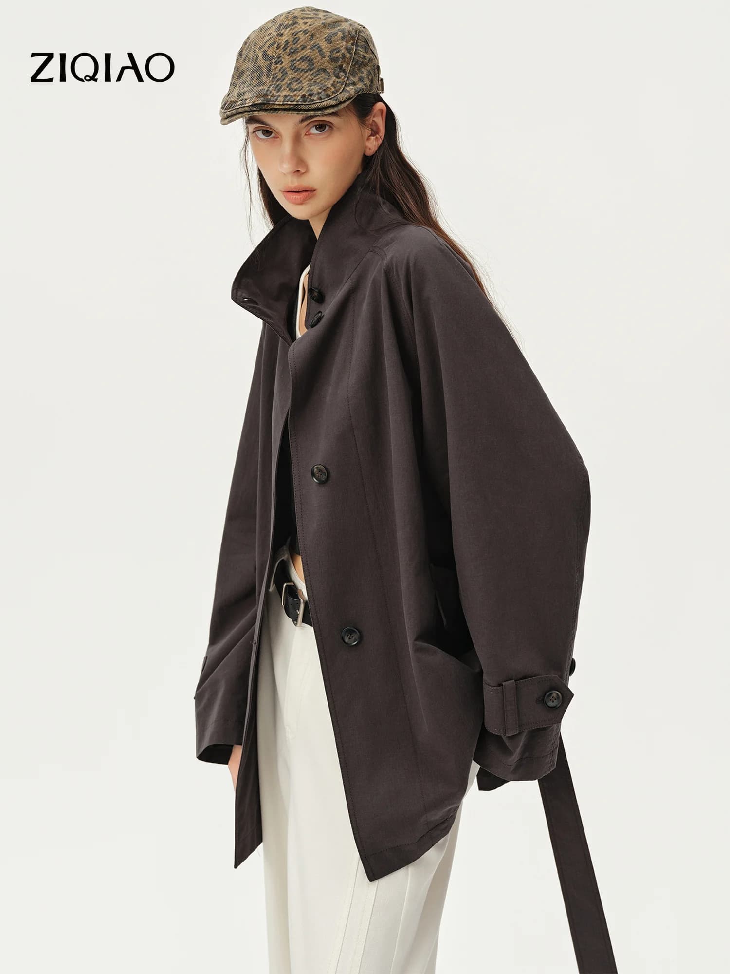 ZIQIAO Women's Hemp Mid-length Trench Coat 2026 Autumn New Style Nordic Style Vintage Belt Stand Collar Cropped Coats