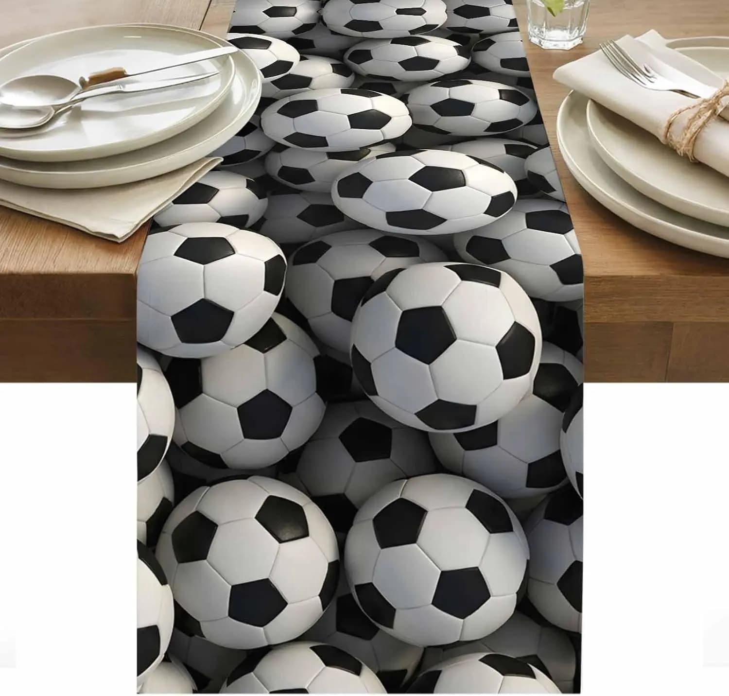 Runner da Tavola in Lino con Texture Calcistica Bianco e Nero, Decorazione per Feste di Compleanno, Runner da Tavola Moderni a Tema Calcio, Decorazioni per la Casa